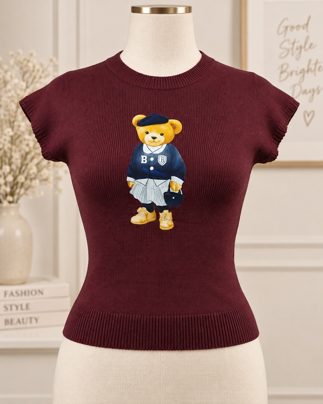 Blusa de Tricô Bordô com Estampa de Ursinho